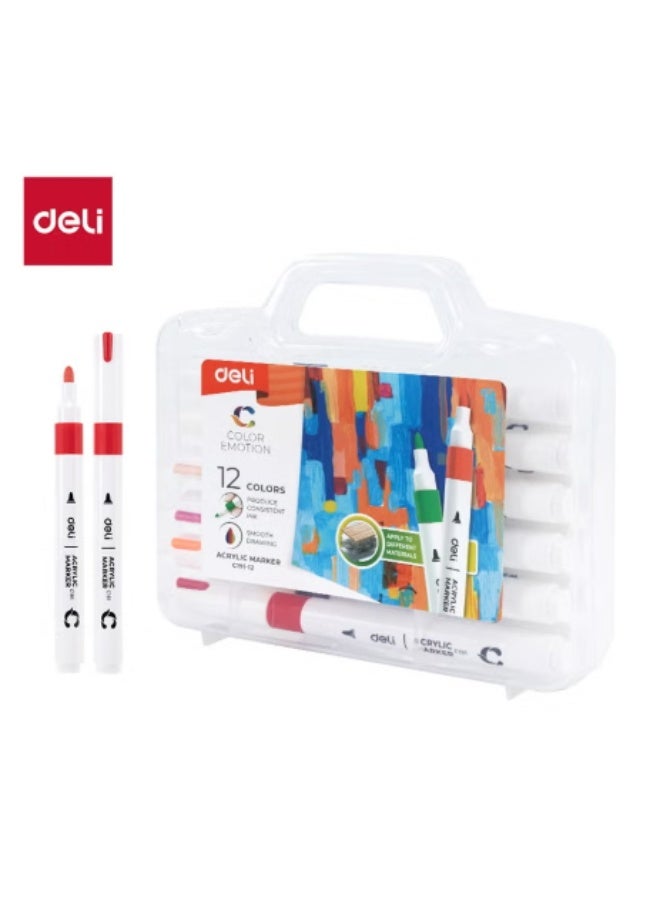 ديلي مجموعة أقلام تلوين أكريليك Deli C191-12 – 12 لونًا زاهيًا، رأس واحد، مقاومة للماء وسريعة الجفاف - Image 1