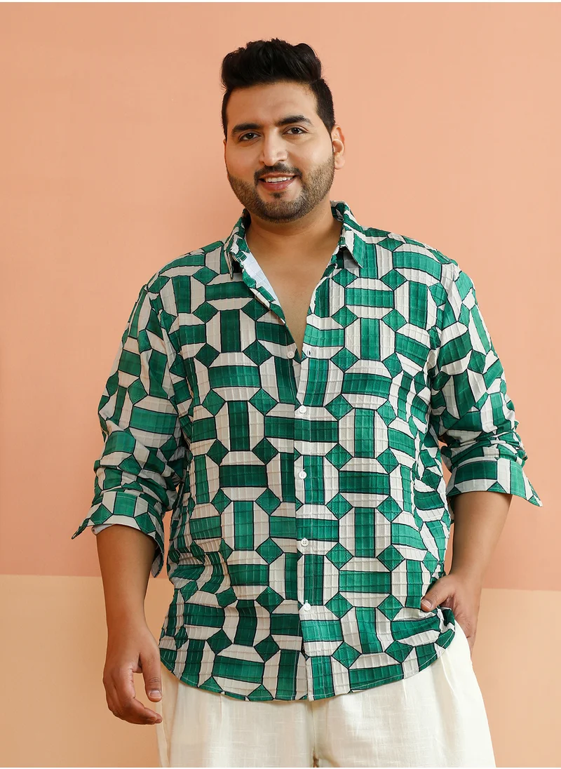 انستافاب بلس Instafab Plus Men's Green & White Contrast Block Shirt For Casual Wear | Spread Collar | Long Regular Sleeves | Button Closure | Plus Size Shirt Crafted With Comfort Fit For Everyday Wear