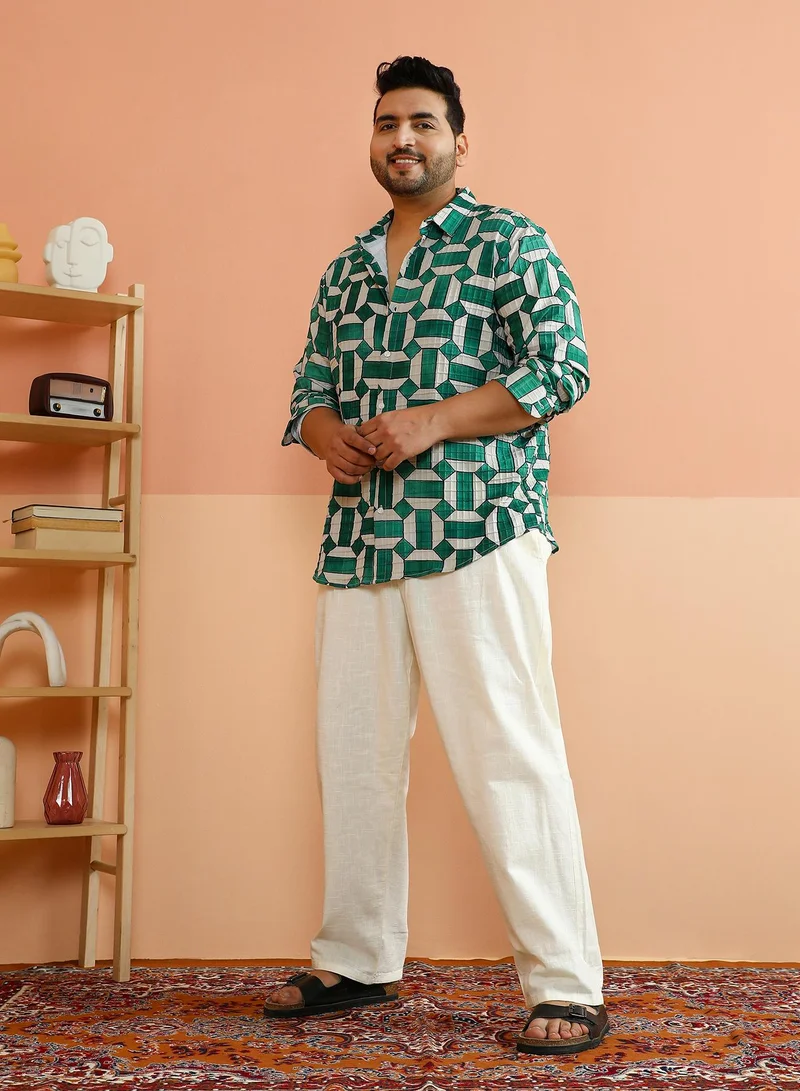 Instafab Plus Instafab Plus Men's Green & White Contrast Block Shirt For Casual Wear | Spread Collar | Long Regular Sleeves | Button Closure | Plus Size Shirt Crafted With Comfort Fit For Everyday Wear