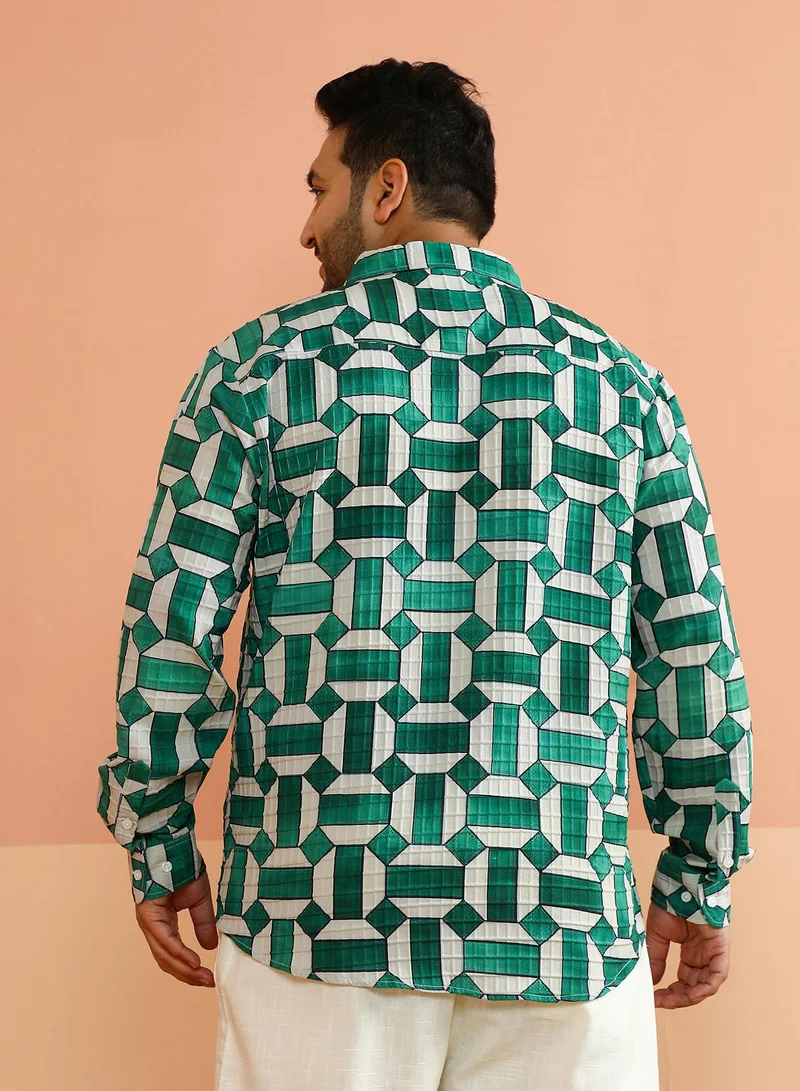 Instafab Plus Instafab Plus Men's Green & White Contrast Block Shirt For Casual Wear | Spread Collar | Long Regular Sleeves | Button Closure | Plus Size Shirt Crafted With Comfort Fit For Everyday Wear