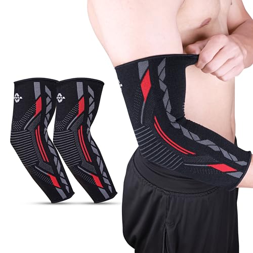 Nivia Knitted Elbow Support For Men & Women, Compression Elbow Sleeve, Elbow Brace for men, Ideal For Gym, Weightlifting, Fitness, Training & Injury Prevention (Pair) (Red/Black, S) - Image 1