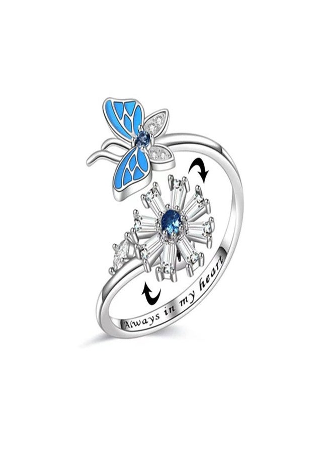 OIDIMS Butterfly Sunflower Fidget Anxiety Rings Adjustable Open Spinner Ring for Women Blue Cubic Zirconia Always in My Heart Stress Relieving Wrap Band Engraved Cute Animal Jewelry Gift Girlfriend Christmas - Image 1