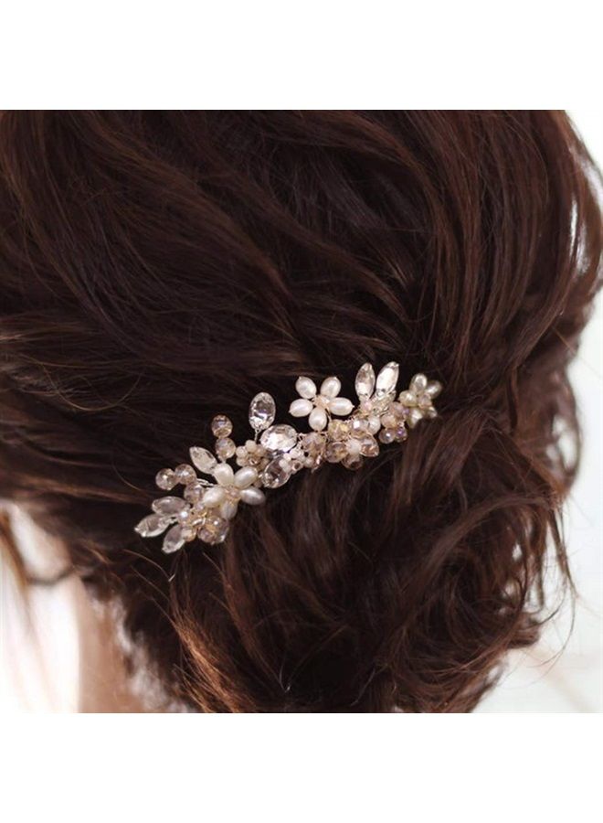 Bride Wedding Hair Pins Bridal Flower Hair Pieces Crystal Hair Accessories Pearl Party Hair Clips Rhinestone Hair Jewelry Bead Headpiece for Women and Girls (Pack of 2) (A-Silver)