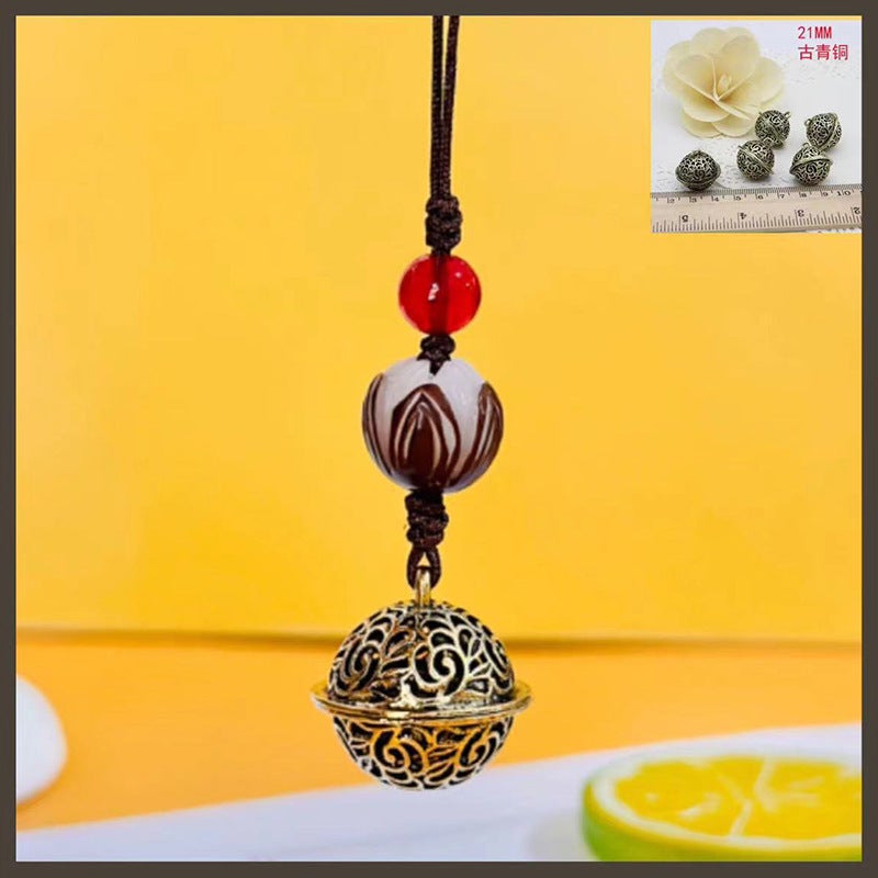 Diy Alloy Jewelry Keychain Accessories Flower Thousand Bone Palace Bell Pendant Mobile Phone Bag Charm Ancient Bell Bronze (red accessories) 21MM Bell mobile phone hanging with Bodhi root Lotus 