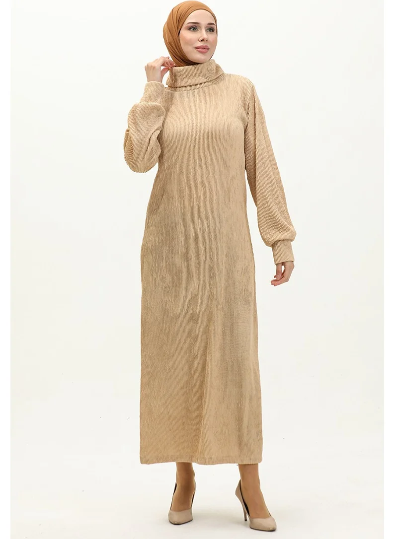 Sefa Merve Turtleneck Plain Dress 0196-04 Beige