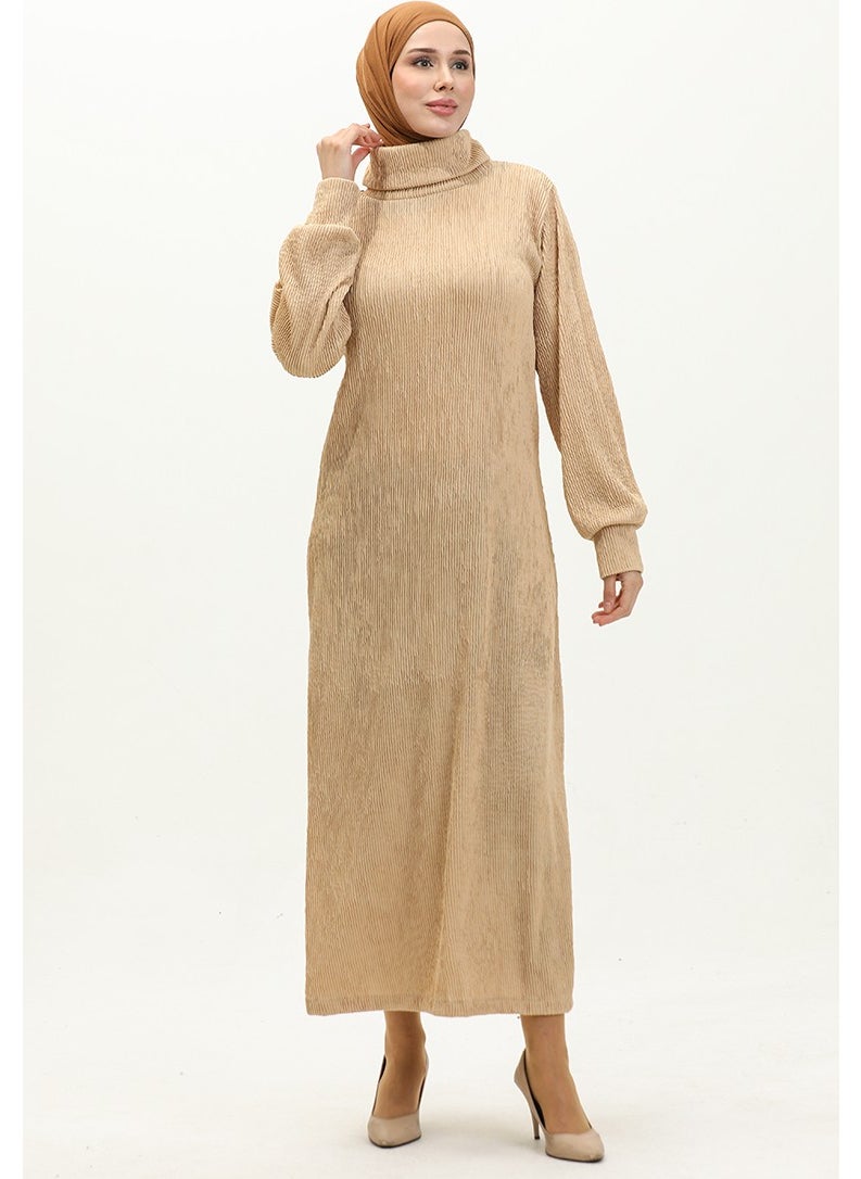 Sefa Merve - Turtleneck Plain Dress 0196-04 Beige - Image 1