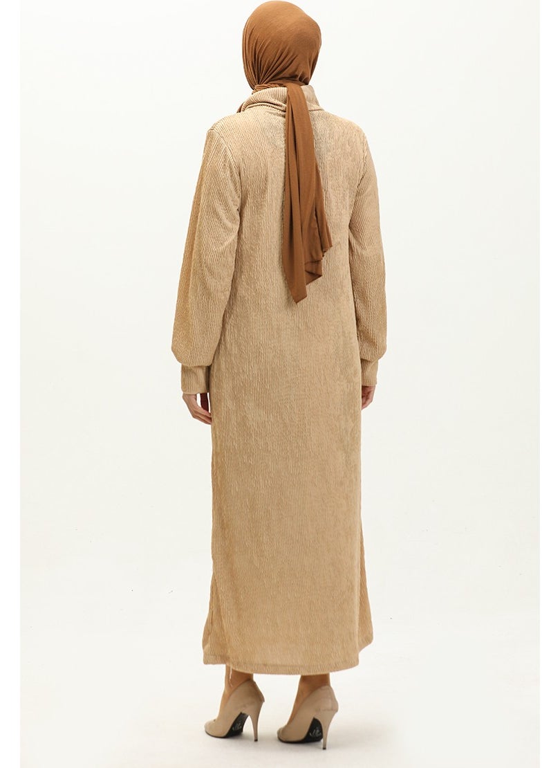 Sefa Merve - Turtleneck Plain Dress 0196-04 Beige - Image 1