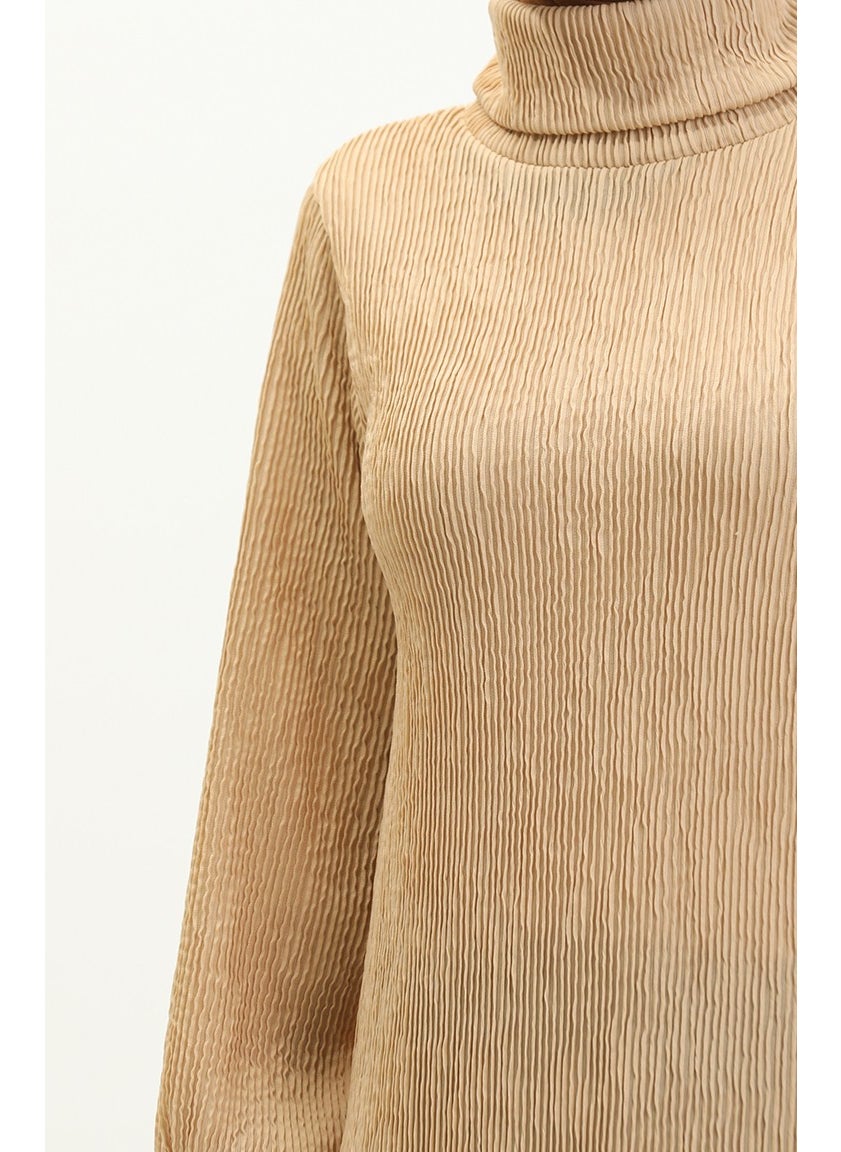 Sefa Merve - Turtleneck Plain Dress 0196-04 Beige - Image 1