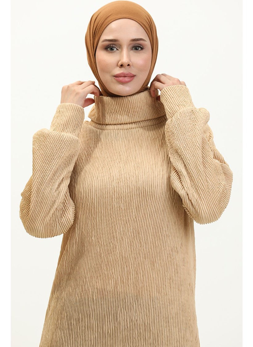 Sefa Merve - Turtleneck Plain Dress 0196-04 Beige - Image 1
