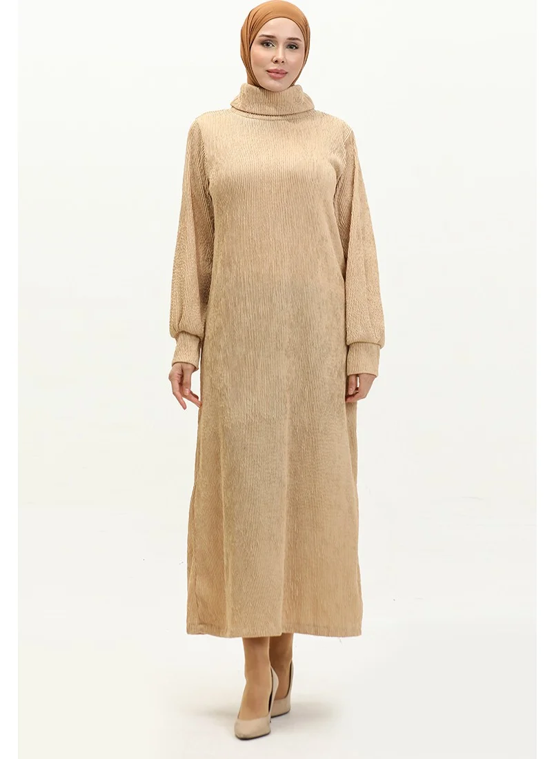 Sefa Merve Turtleneck Plain Dress 0196-04 Beige