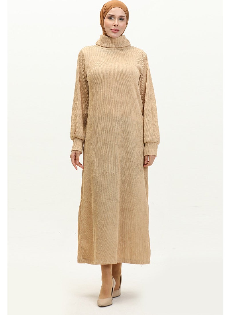 Sefa Merve - Turtleneck Plain Dress 0196-04 Beige - Image 1