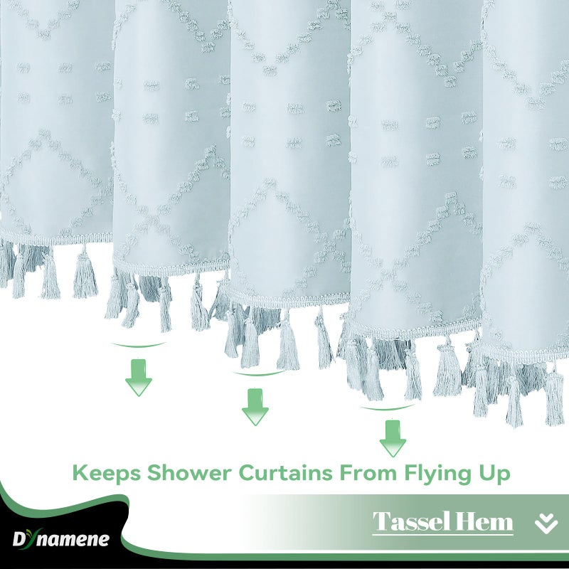 Dynamene Extra Long Shower Curtains  84 Inches Long Boho Tufted Geometric Striped Fabric Shower Curtains for Bathroom  Tall Shabby Chic Waterproof Cloth Shower Curtain Set with Hooks  Fog Blue  72x84 - Image 3