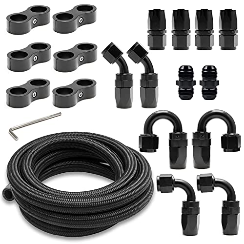 Medoon 10ft 10AN Black Nylon And Stainless Steel Braided Fuel Oil Hose Fuel Line 10pcs 10AN Hose Fitting Kit 6pcs 10AN Hose Separator Clamp 2pcs 10AN to 10AN Male Coupler Adapter Straight Fitting - Image 1