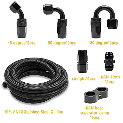 Medoon 10ft 10AN Black Nylon And Stainless Steel Braided Fuel Oil Hose Fuel Line 10pcs 10AN Hose Fitting Kit 6pcs 10AN Hose Separator Clamp 2pcs 10AN to 10AN Male Coupler Adapter Straight Fitting - Image 3