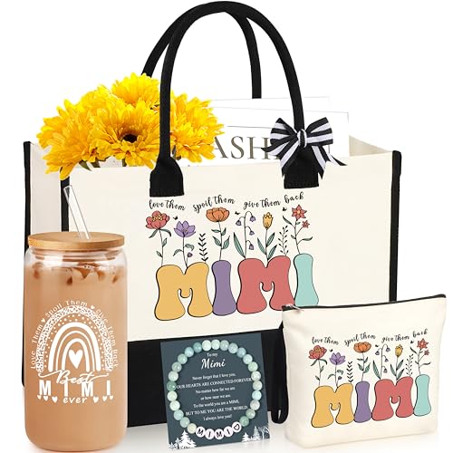 DOGMEN Mimi Gifts Mimi Birthday Gifts for Grandma Great Christmas Gift for Mimi Grandma Gift Set Ideas Tote Bag Makeup Bag 16 Oz Can Glass Mimi Bracelet