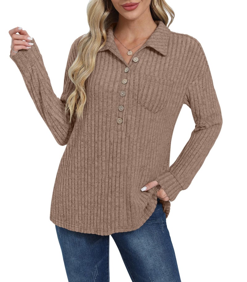 DB MOON Womens Long Sleeve Collared Shirt Lightweight Striped Sweaters 2026 Fall Blouses Business Casual Tops with Pockets L Brown - Image 3