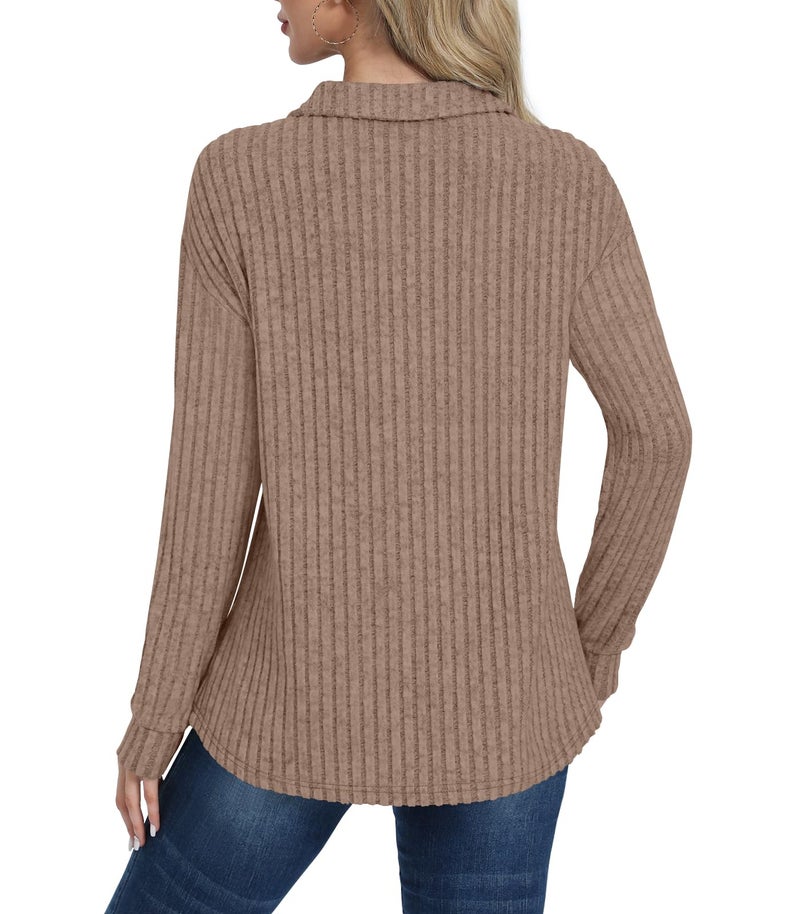 DB MOON Womens Long Sleeve Collared Shirt Lightweight Striped Sweaters 2026 Fall Blouses Business Casual Tops with Pockets L Brown - Image 2