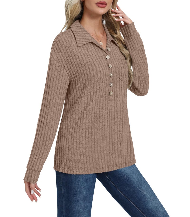DB MOON Womens Long Sleeve Collared Shirt Lightweight Striped Sweaters 2026 Fall Blouses Business Casual Tops with Pockets L Brown - Image 4