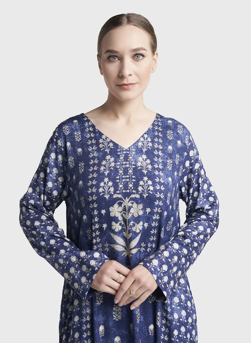 كشخة Navy Blue Colour Stone Work Rayon Damask Printed Jalabiya (VDM918)