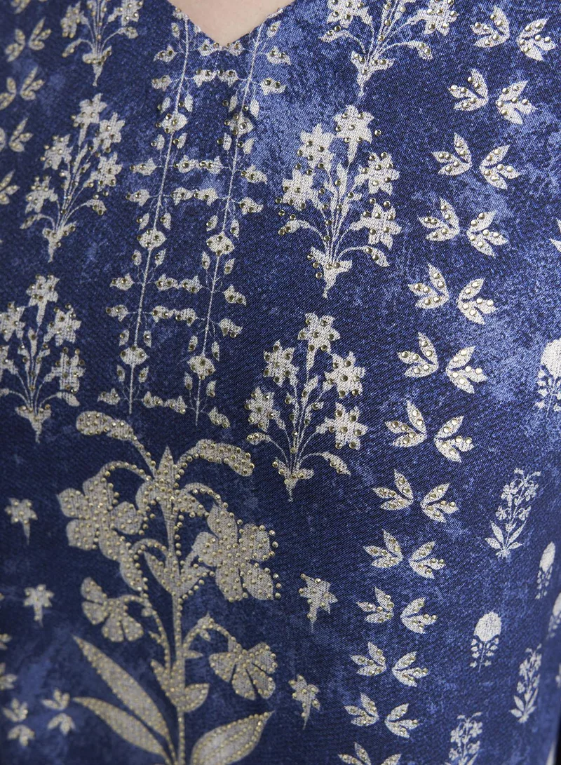 Kashkha  Navy Blue Colour Stone Work Rayon Damask Printed Jalabiya (VDM918) for Women | Best Price UAE