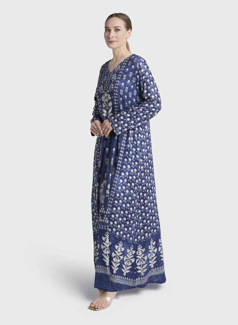 Kashkha  Navy Blue Colour Stone Work Rayon Damask Printed Jalabiya (VDM918) for Women | Best Price UAE
