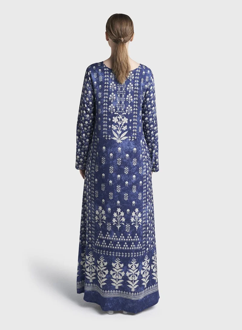 Kashkha  Navy Blue Colour Stone Work Rayon Damask Printed Jalabiya (VDM918) for Women | Best Price UAE