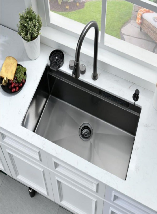 Smart Nono Kitchen Sink Black With Led Temperature Display, 304 Stainless Steel Waterfall Kitchen Sink Workstation With Pull Out Mixer Tap Large Single Bowl Sink For Kitchen 80 * 48Cm  - Image 2
