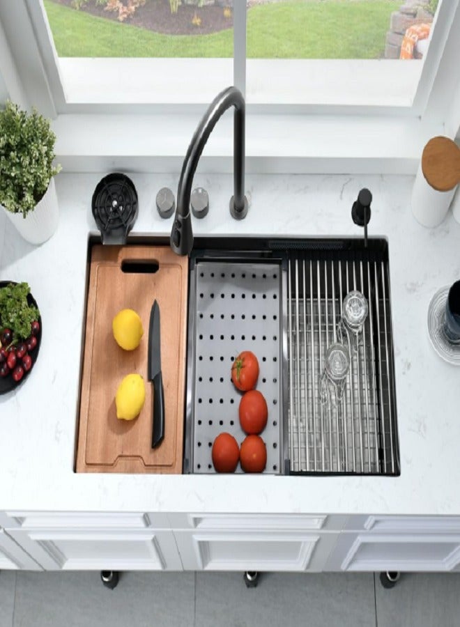 Smart Nono Kitchen Sink Black With Led Temperature Display, 304 Stainless Steel Waterfall Kitchen Sink Workstation With Pull Out Mixer Tap Large Single Bowl Sink For Kitchen 80 * 48Cm  - Image 3
