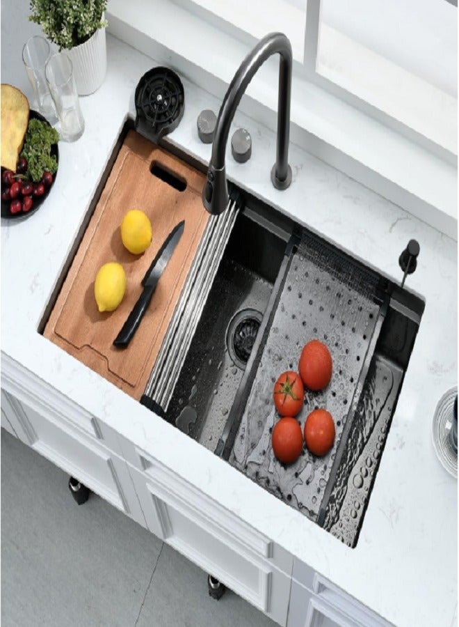 Smart Nono Kitchen Sink Black With Led Temperature Display, 304 Stainless Steel Waterfall Kitchen Sink Workstation With Pull Out Mixer Tap Large Single Bowl Sink For Kitchen 80 * 48Cm  - Image 4