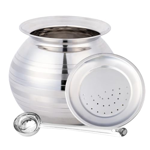 Thangam Stainless Steel Rice Pot/Rice Strainer/Pongal Pot/Gundu/Cooker/Handi with Lid Vadi Plate and Ladle/Spoon, 3.5 litres - Image 1