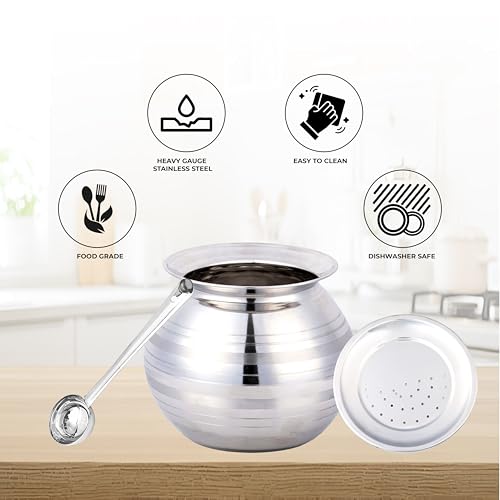 Thangam Stainless Steel Rice Pot/Rice Strainer/Pongal Pot/Gundu/Cooker/Handi with Lid Vadi Plate and Ladle/Spoon, 3.5 litres - Image 3