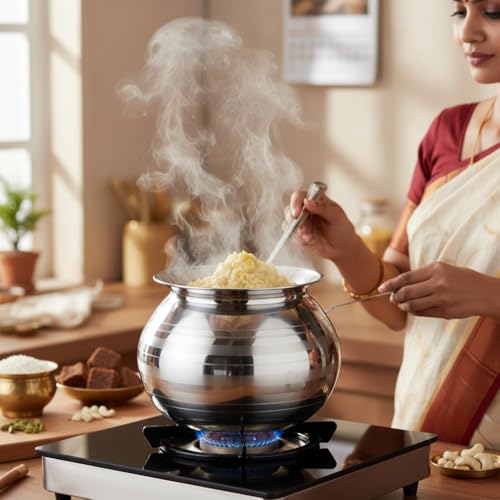 Thangam Stainless Steel Rice Pot/Rice Strainer/Pongal Pot/Gundu/Cooker/Handi with Lid Vadi Plate and Ladle/Spoon, 3.5 litres - Image 4