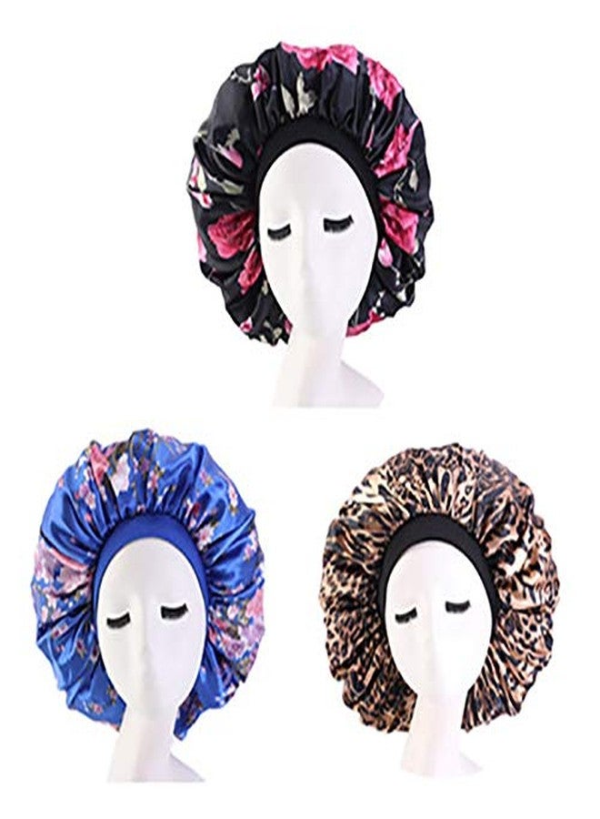 ubrand Deepth 3 Pieces Extra Large Printed Sleep Cap Jumbo Cap Large Satin Bonnet with Comfort Elastic Band - Image 1