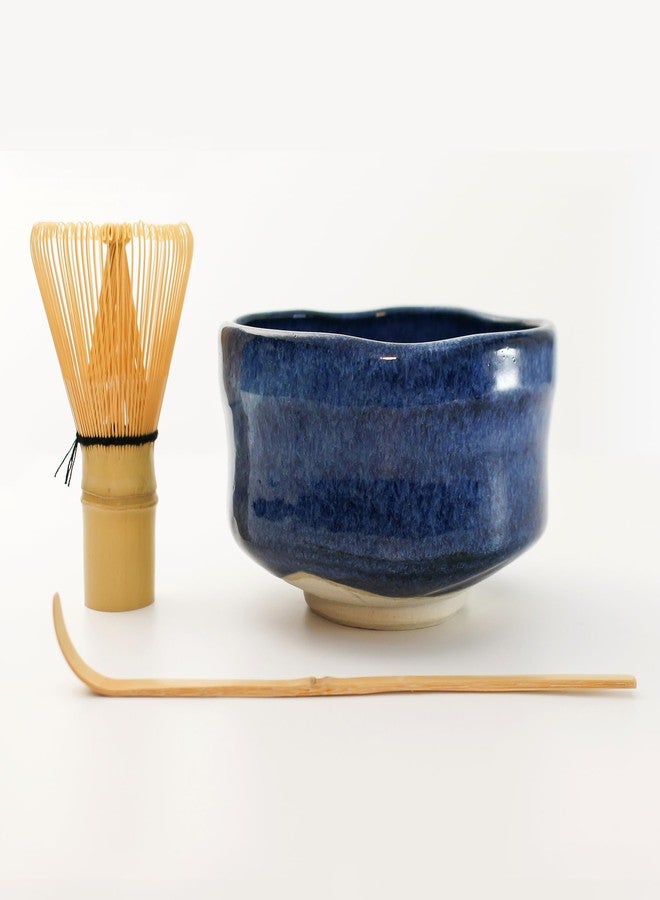 TAKEMI Traditional Japanese Matcha Bowl Set, Handcrafted Mino Ware Chawan with Bamboo Whisk and Scoop, Ceramic Tea Ceremony Collection, Blue and White Glazed (Deep Sea (Blue), 16 oz (470 ml)) - Image 4