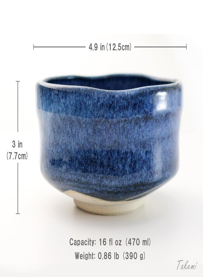 TAKEMI Traditional Japanese Matcha Bowl Set, Handcrafted Mino Ware Chawan with Bamboo Whisk and Scoop, Ceramic Tea Ceremony Collection, Blue and White Glazed (Deep Sea (Blue), 16 oz (470 ml)) - Image 2