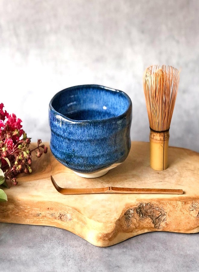 TAKEMI Traditional Japanese Matcha Bowl Set, Handcrafted Mino Ware Chawan with Bamboo Whisk and Scoop, Ceramic Tea Ceremony Collection, Blue and White Glazed (Deep Sea (Blue), 16 oz (470 ml)) - Image 1