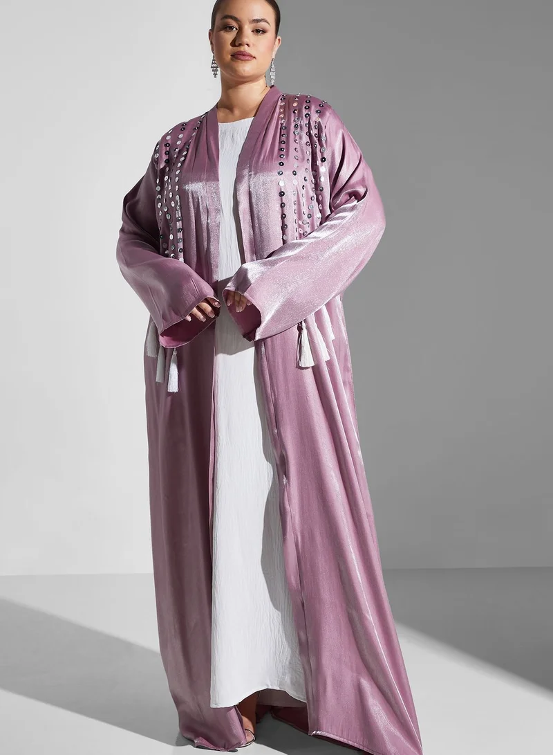 Khizana Plus size embellished tassel detail abaya with sheila