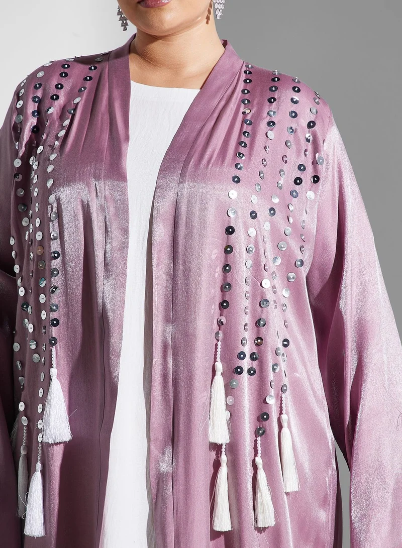 Khizana Plus size embellished tassel detail abaya with sheila