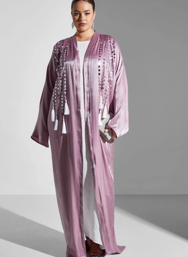 Khizana Plus size embellished tassel detail abaya with sheila