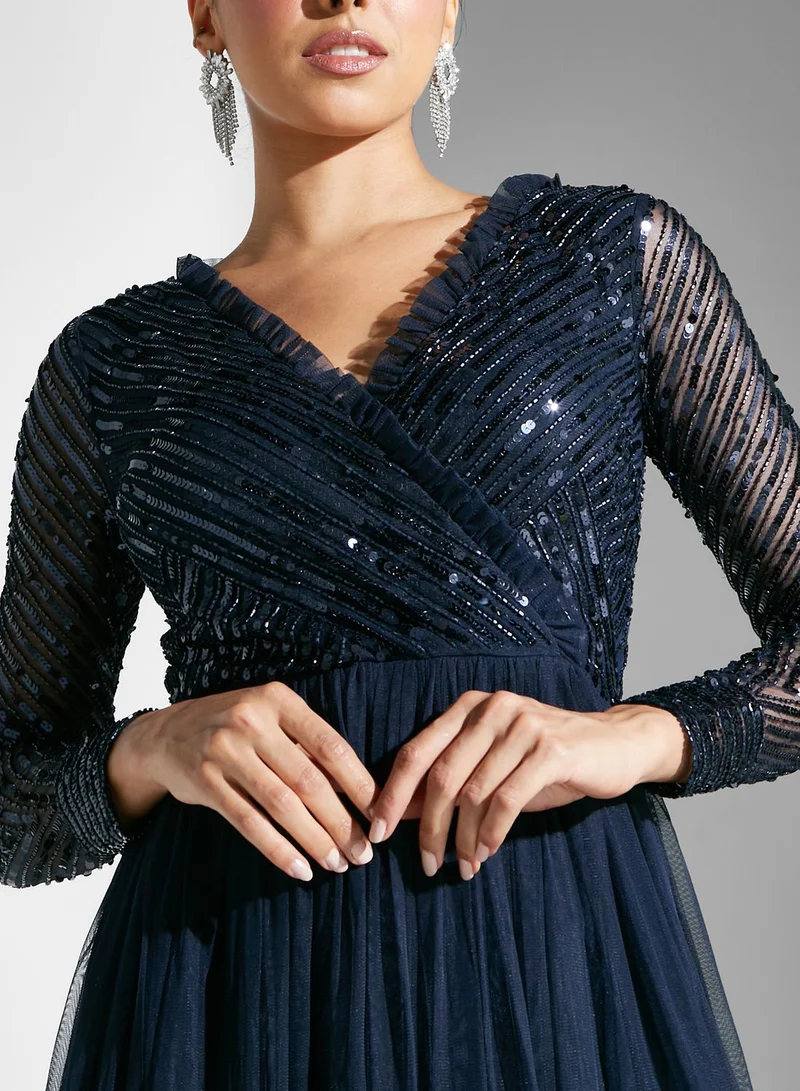 Maya Embellished Wrap Tiered Dress