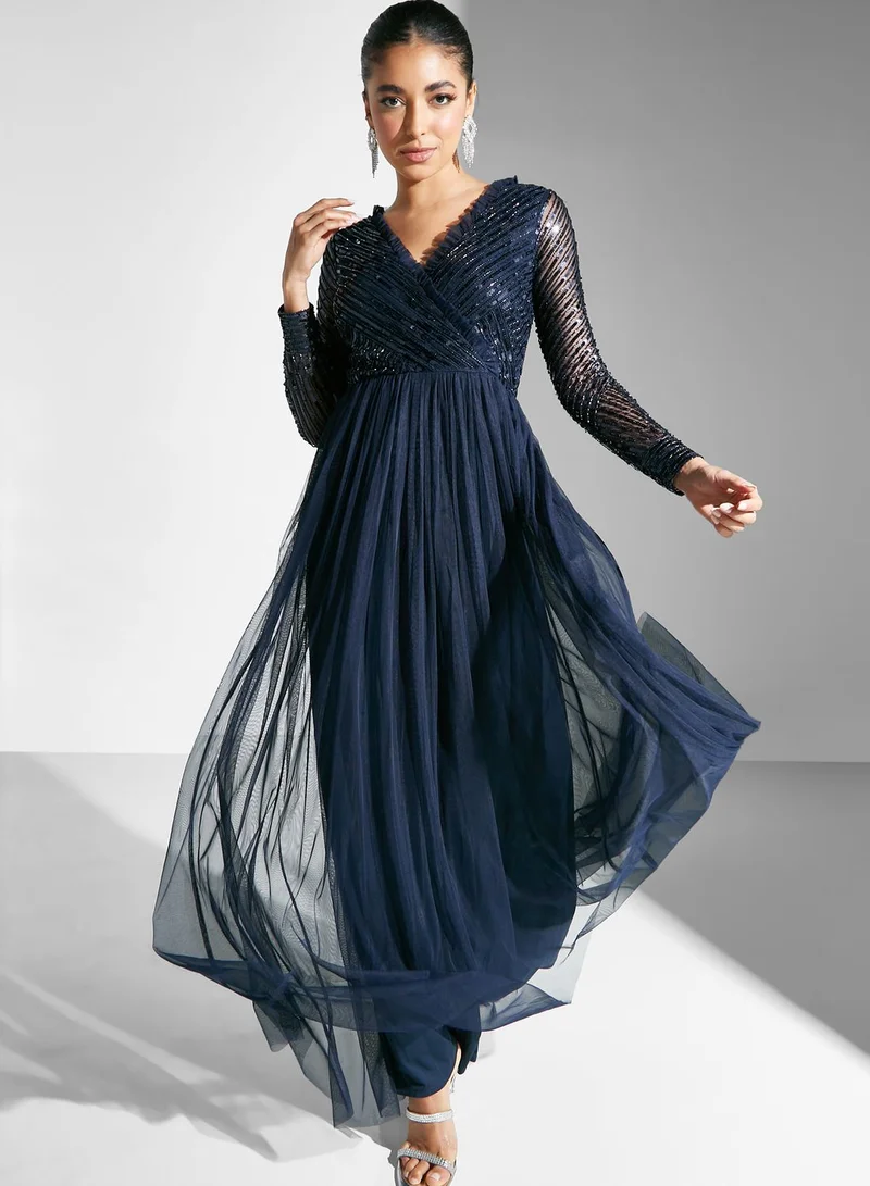 Maya Embellished Wrap Tiered Dress