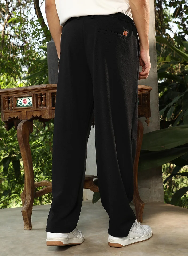 Campus Sutra Campus Sutra Men's Midnight Black Micro-Waffle Cigrette Trousers For Casual Wear | Mid-Rise | Straight Fit | Button Closure | Trousers Crafted With Comfort Fit For Everyday Wear