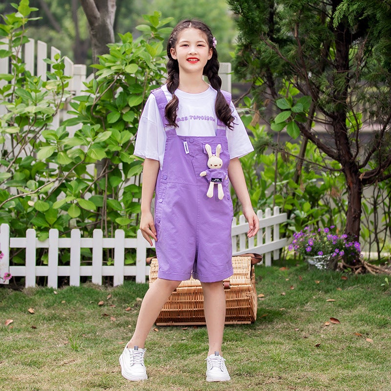 Girls overalls suit summer 2025 new style summer thin short sleeve childrens two-piece set Purple suspenders suit 