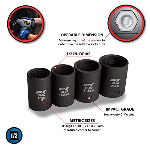 Performance Tool M990 Heavy Duty Impact Socket Set for Lug Nut Removal - Fits 17mm to 26mm, CrMo Steel, Oil Resistant Finish, 1/2-Inch Drive - Image 3