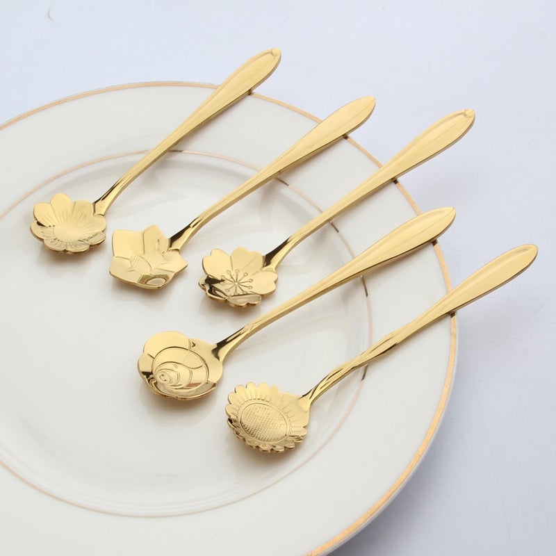 Ercrysto Stainless Steel Tableware Creative Flower Coffee Spoon Stirring Spoon Sugar Spoon Mixing Spoon Tea Spoon Ice Cream Spoon 8 Different Patterns In 1 Set Color Golden - Image 3