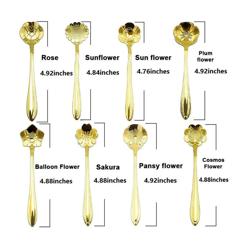 Ercrysto Stainless Steel Tableware Creative Flower Coffee Spoon Stirring Spoon Sugar Spoon Mixing Spoon Tea Spoon Ice Cream Spoon 8 Different Patterns In 1 Set Color Golden - Image 2