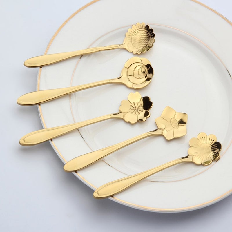 Ercrysto Stainless Steel Tableware Creative Flower Coffee Spoon Stirring Spoon Sugar Spoon Mixing Spoon Tea Spoon Ice Cream Spoon 8 Different Patterns In 1 Set Color Golden - Image 4