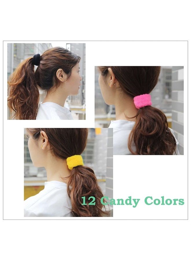 Angla 12 Pack Terry Cloth Cotton Elastic Stretchy Fuzzy Wide Thick Hair Ties Scrunchies Ties Ring Loop No Crease Seamless Hair Rubber Band Ponytail Holder Hair Accessories for Women Girl - Image 2