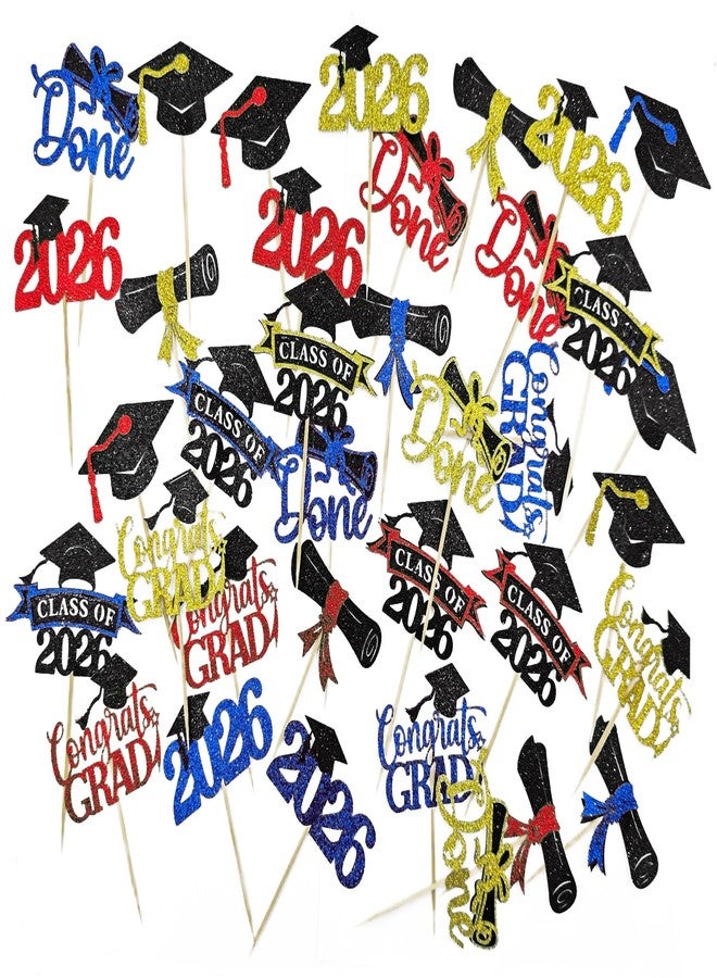 Clonynix 36 pcs 2026 Graduation Cake Toppers, Glitter Cupcakes Grad Cap Diploma Congrats Grad for Class of 2026 Graduation Party Decorations (Black&Gold, Black&Red, Black&Blue) - Image 2