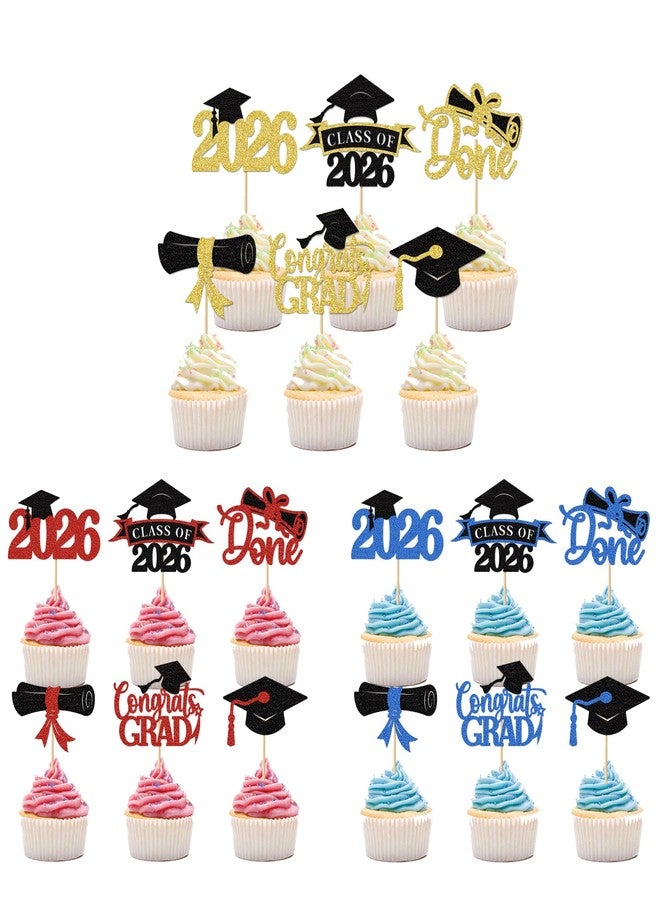 Clonynix 36 pcs 2026 Graduation Cake Toppers, Glitter Cupcakes Grad Cap Diploma Congrats Grad for Class of 2026 Graduation Party Decorations (Black&Gold, Black&Red, Black&Blue) - Image 1